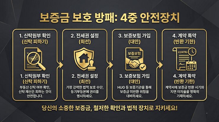 실버타운 보증금 보호를 위해 전세권 설정과 전입신고의 차이점, 신탁 등기의 위험성을 설명하는 인포그래픽