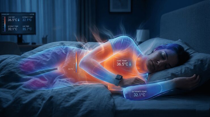 심부 체온 낮추는법: 멜라토닌 없이 '불면증 탈출'하는 1도의 과학 심부 체온 낮추는법 시각화를 통해 불면증 치료 방법의 핵심을 보여주는 이미지
