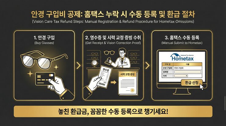 안경 구입비 공제 신청을 위해 안경점에서 시력 교정 확인서를 발급받는 과정 인포그래픽