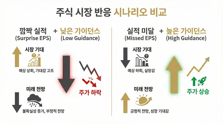 기업의 EPS와 가이던스 성과에 따른 주가 변동 원리를 설명하는 인포그래픽 이미지