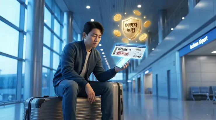 여행자 보험 항공 지연 보상 조건을 확인하며 공항 전광판을 모니터링 중인 여행객