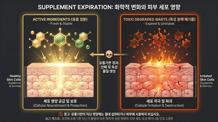 영양제 유통기한 지난거 활용, 피부에 양보? "이것 모르면 피부염 폭탄" 영양제 유통기한 지난거 활용 시 발생하는 성분 산화와 독성 변화 인포그래픽