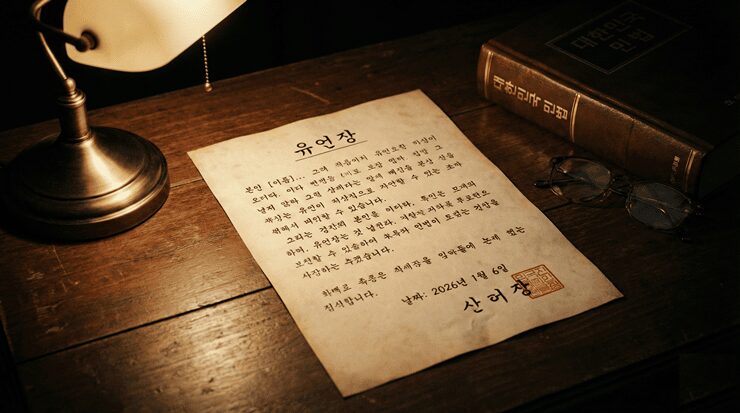 유언장 작성 주의사항을 준수하여 자필로 작성하고 인감도장을 찍는 모습과 법전