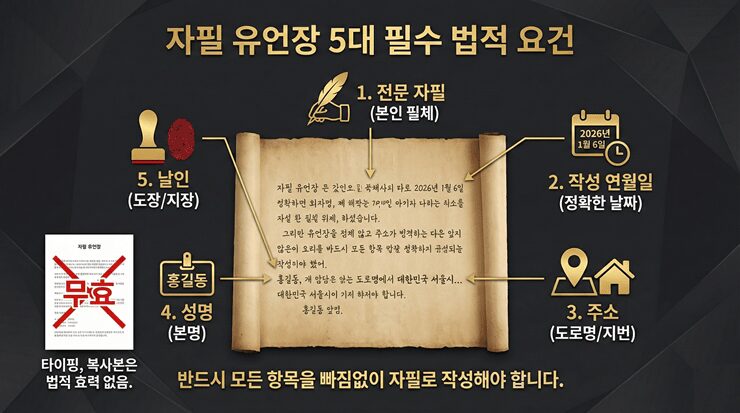 유언장 작성 주의사항을 지킨 자필 유언장 예시와 5대 필수 요건 인포그래픽