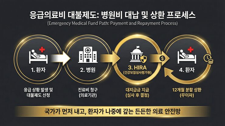 응급의료비 대불제도 신청 프로세스와 건강보험심사평가원의 대지급 구조 인포그래픽