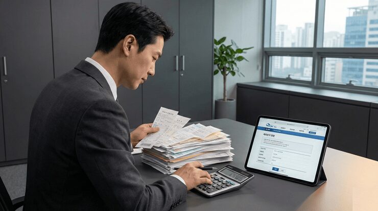 연말정산 의료비 세액공제를 위해 홈택스 자료와 영수증을 대조하며 제외 항목을 골라내는 모습