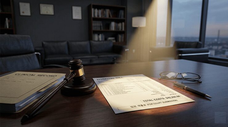 의료소송 비용을 산출하기 위해 법률 서류와 계산기를 활용하는 법률 전문가의 모습