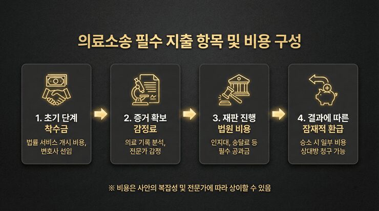 의료소송 비용 구성 항목과 패소 시 리스크를 시각화한 데이터 차트