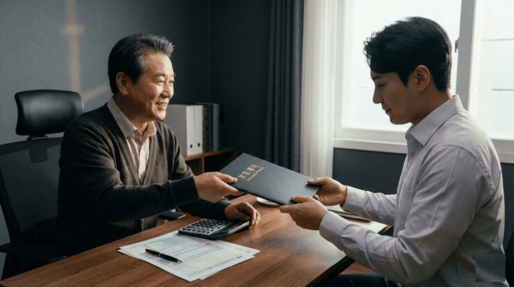 보험 계약자 변경 신청서를 작성하며 자녀에게 증권을 건네주는 부모의 모습과 세금 계산기