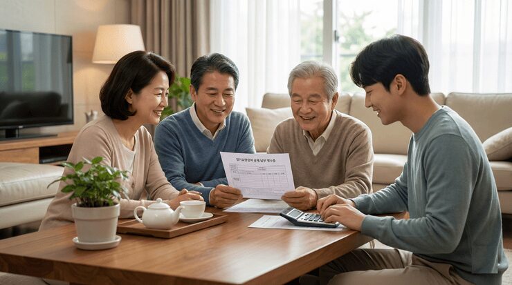 장기요양급여 공제 혜택을 받기 위해 장기요양비 납부 확인서와 연말정산 서류를 검토하는 모습