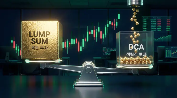 적립식 투자 vs 일시금: 하락장과 상승장 수익률 실제 비교 적립식 투자와 일시금 투자의 자본 투입 방식 차이를 형상화한 3D 일러스트 이미지