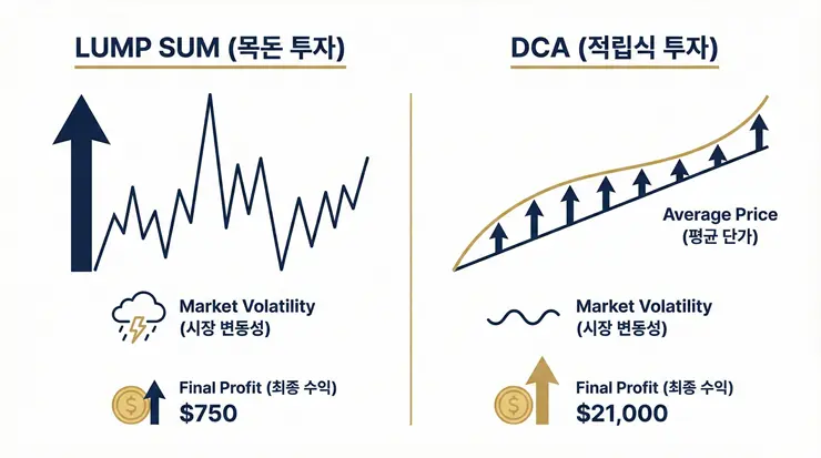 적립식 투자 vs 일시금: 하락장과 상승장 수익률 실제 비교 적립식 투자와 일시금 투자의 성과를 안내하는 인포그래픽 이미지