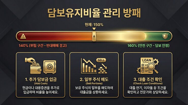 반대매매 계산기를 사용하여 적정 담보유지비율을 계산하고 리스크를 방어하는 과정 인포그래픽