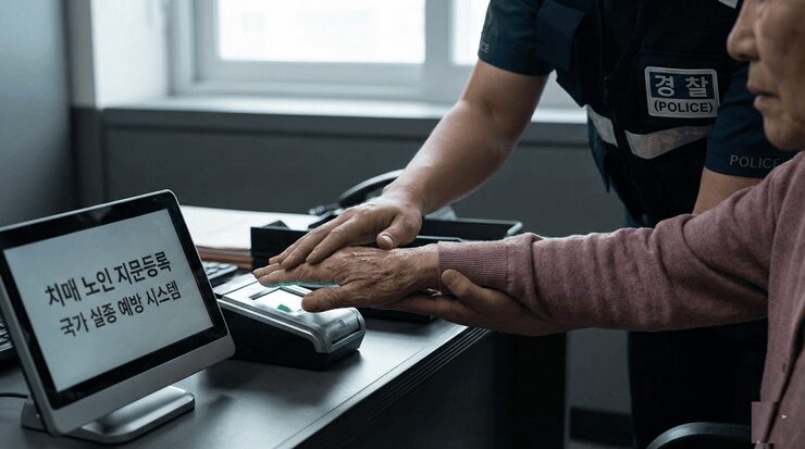 치매 노인 지문등록 시스템을 확인하며 배회감지기 신청 방법을 설명하는 사회복지 전문가