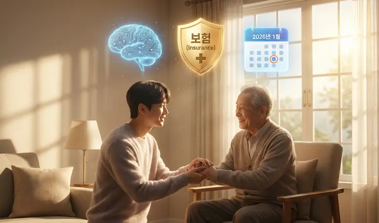 치매 보험 가입 시기를 고민하며 부모님과 상담 중인 자녀와 보험 전문가의 모습