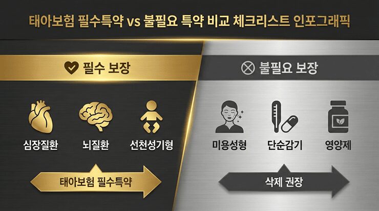 태아보험 필수특약 설계안: 이 5가지만 빼도 월 3만원 아낍니다 (필수 vs 버릴 것) 태아보험 필수특약과 삭제 항목의 가격 차이를 보여주는 인포그래픽 자료