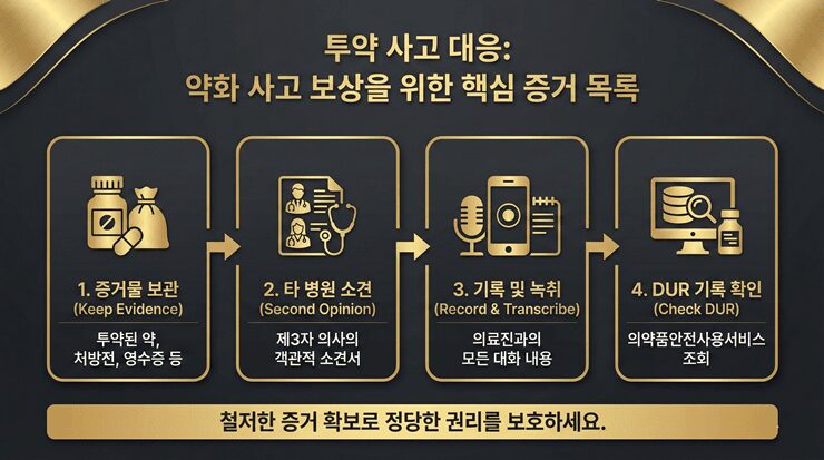 투약 사고 대응 프로세스와 약화 사고 보상 청구를 위한 증거 수집 로드맵 인포그래픽