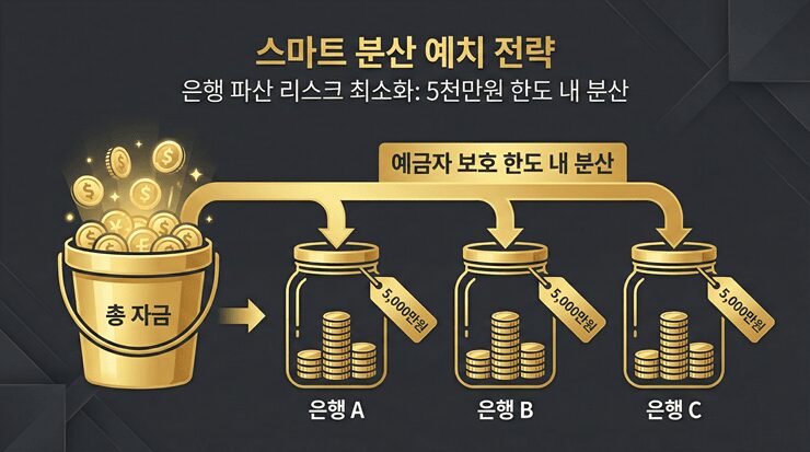 예금자 보호를 받기 위해 금융사별로 자산을 분산하고 은행 건전성 지표를 확인하는 과정 인포그래픽