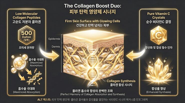 합성을 위한 비타민C의 결합 과정을 보여주는 피부 탄력 영양제 이미지