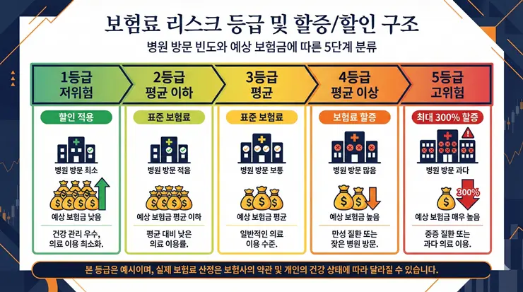 4세대 실손보험 보험료 할증: 병원 자주 가면 ‘500% 폭탄’ 맞는 비급여 구조 (2026) 4세대 실손보험의 보험료 할증 5단계 등급표 인포그래픽 이미지