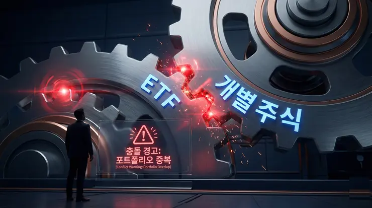 ETF 중복 투자로 인해 포트폴리오 시스템에 리스크가 발생하는 상황을 시각화한 3D 일러스트 이미지