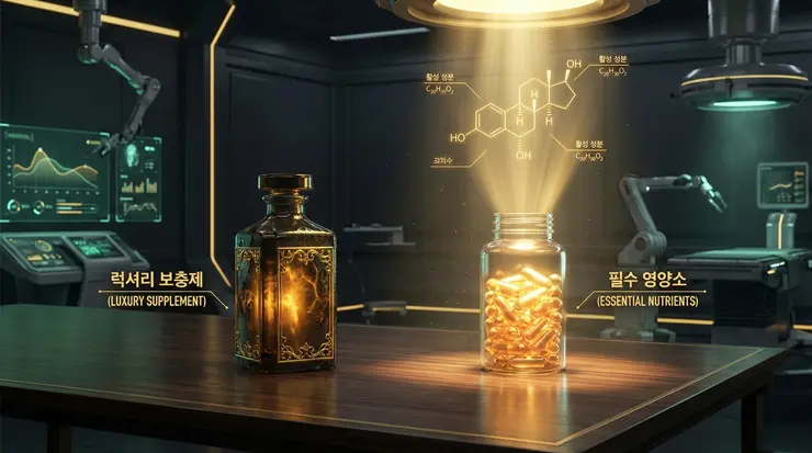 마케팅 거품을 걷어내고 성분에 집중한 가성비 영양제의 가치를 상징적으로 표현한 이미지