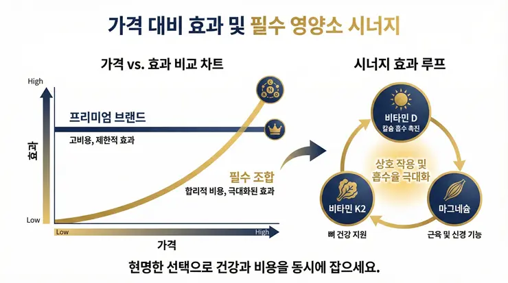 효율적인 <strong>가성비 영양제</strong> <strong>필수 조합</strong>의 시너지 효과를 설명하는 인포그래픽 이미지
