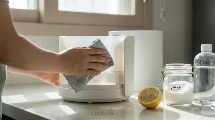 가습기 살균을 위해 천연 세정제를 사용하여 수조 내부의 물때 오염 데이터를 제거하는 리포트 이미지