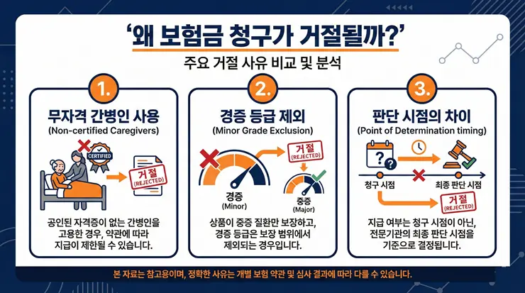 간병보험 지급 조건 중 주요 지급 거절 사유 3가지를 도식화한 인포그래픽 이미지
