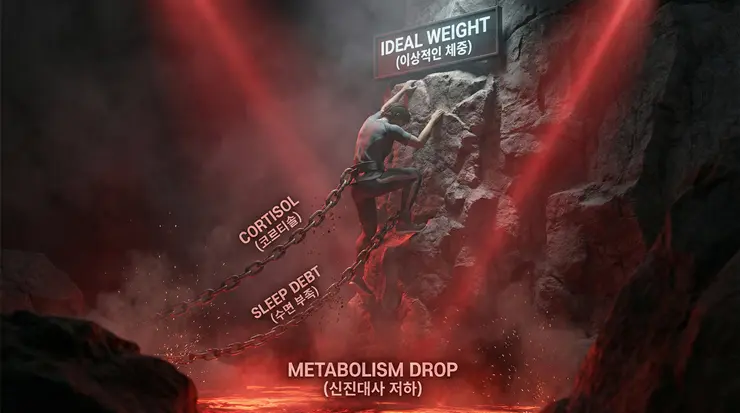 간헐적 단식 실패 후 호르몬 불균형으로 고통받는 모습과 코르티솔 조절을 강조하는 이미지