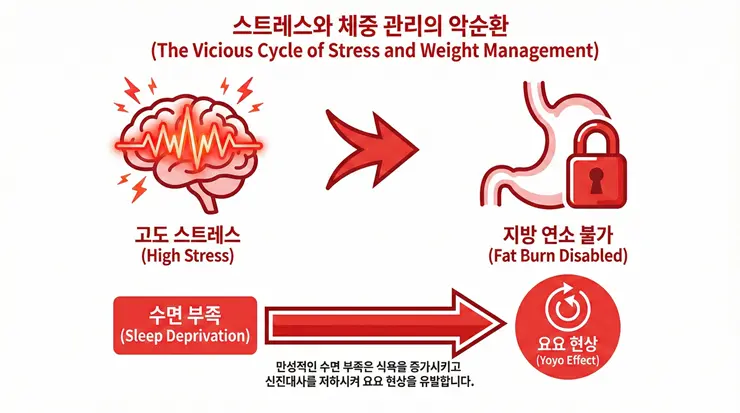 코르티솔과 수면 부족이 지방 연소를 방해하고 요요를 유발하는 과정을 설명하는 인포그래픽 이미지