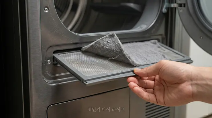건조기 전기세 폭탄 피하는 시간대별 루틴: 냄새 해결과 필터 관리 실사용 후기 (2026) 건조기 전기세 절감을 위해 먼지가 가득 찬 필터를 분리하여 정밀 청소하는 실제 관리 모습 이미지