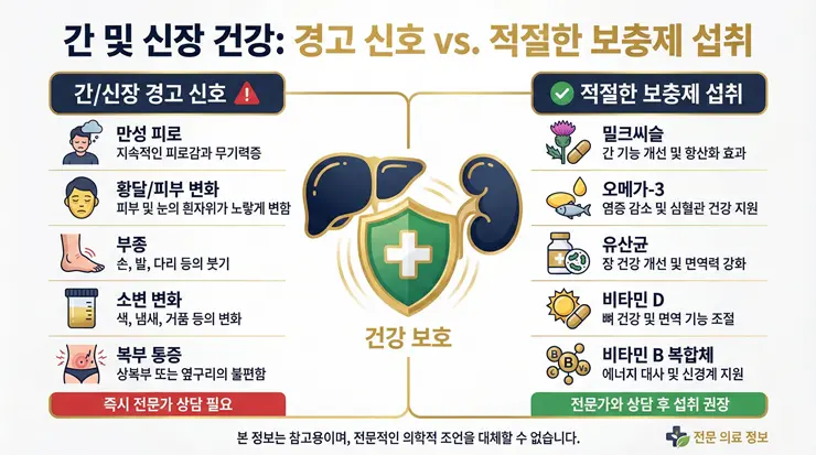건강검진 지표에 따른 간과 신장 보호 및 올바른 맞춤 영양제 복용법 인포그래픽 이미지