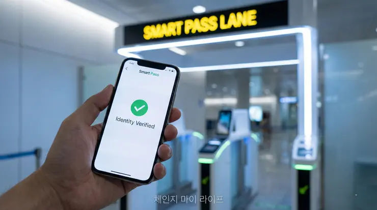 스마트패스 등록 가이드: 보안검색 대기 시간을 0으로 줄이는 데이터 전략 스마트패스 등록 가이드를 통해 안면 인식 데이터 인증을 완료하고 공항 전용 통로를 이용하는 모습