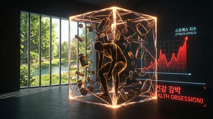 건강 강박이라는 심리적 틀에 갇혀 과도한 루틴으로 고통받는 신체의 상태를 시각화한 이미지