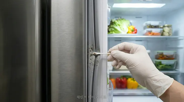 냉장고 고무패킹 청소 루틴: 곰팡이 박멸과 내부 선반 살균 관리 데이터 냉장고 고무패킹 청소를 위해 정밀 도구로 곰팡이 오염 데이터를 소거하는 실사례 리포트 이미지