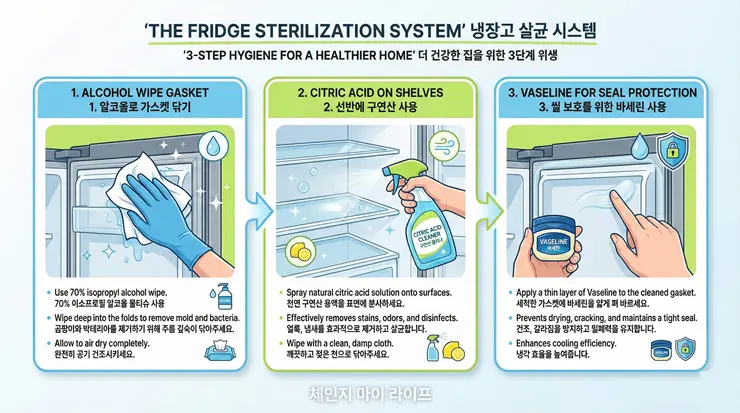 냉장고 고무패킹 청소 루틴: 곰팡이 박멸과 내부 선반 살균 관리 데이터 곰팡이 박멸과 밀폐성 향상을 위한 3단계 냉장고 위생 관리 시스템 인포그래픽 이미지