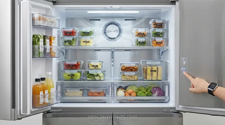 냉장고 적정 온도 설정 루틴: 전기료 아끼는 70% 채우기 법칙과 칸별 보관 명당 냉장고 적정 온도 설정을 위해 외부 패널을 조작하며 내부를 정리하는 모습 이미지