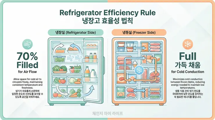 냉장고 적정 온도 설정 루틴: 전기료 아끼는 70% 채우기 법칙과 칸별 보관 명당 70% 채우기 법칙과 냉동실 보관 전략을 비교 분석한 인포그래픽 이미지