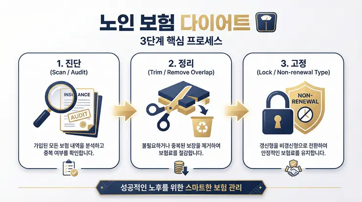 노후 보험 정리 3단계 시스템과 보험료 인상 방어 전략 인포그래픽