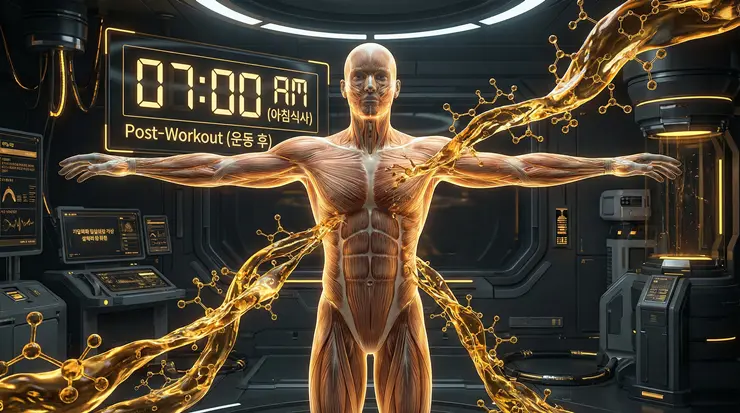 근손실 예방을 위해 최적의 단백질 섭취 시간을 지키며 근섬유가 강화되는 과정을 시각화한 이미지