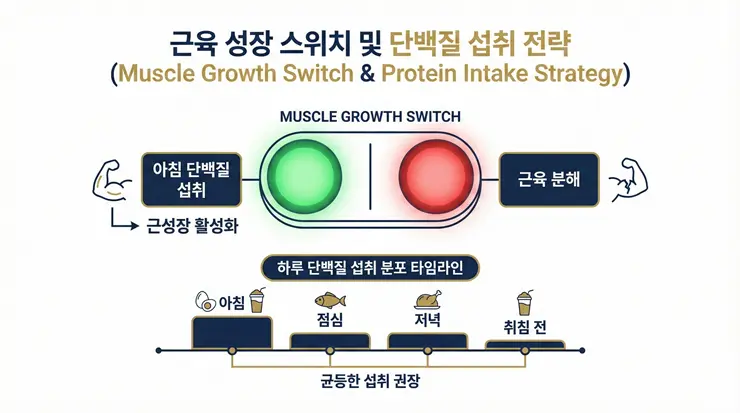 아침 단백질 섭취가 근육 합성 스위치를 켜고 근손실 예방에 기여하는 메커니즘을 설명하는 인포그래픽 이미지