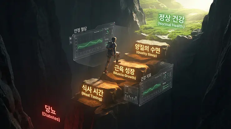 당뇨 전단계를 극복하고 혈당 정상화라는 건강한 삶으로 나아가는 생활 습관의 계단을 시각화한 이미지