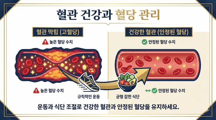 생활 습관 개선을 통해 혈관 내 당 독소를 제거하고 혈당 정상화를 이루는 과정을 설명하는 인포그래픽 이미지
