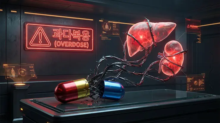 멀티비타민 부작용으로 인해 장기가 손상되는 과다복용의 위험성을 시각화한 이미지