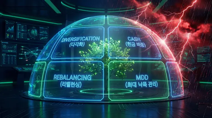 리스크 관리의 4가지 핵심 요소를 통해 포트폴리오를 보호하는 과정을 시각화한 3D 일러스트 이미지