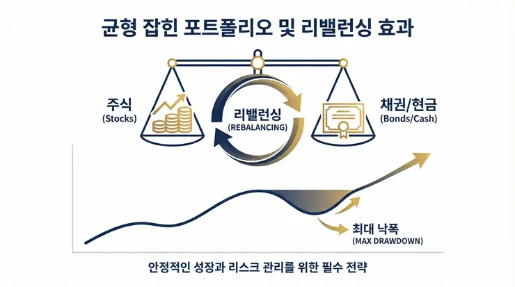 최대낙폭 MDD 수치와 리밸런싱 전략의 상관관계를 보여주는 인포그래픽 이미지
