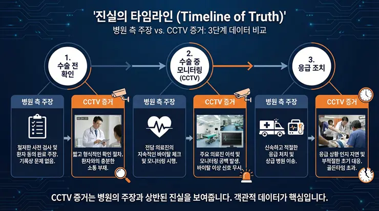 마취 사고 책임과 병원 과실 판단 기준: CCTV 확보가 승패를 가르는 이유 (2026) 마취 사고 책임 규명을 위한 CCTV 영상과 의료 기록 대조 분석 인포그래픽