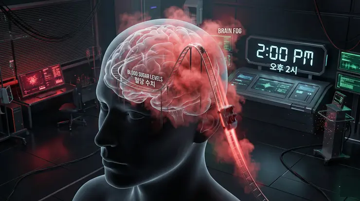 점심 식사 후 급격한 혈당 변동이 뇌에 미치는 부정적인 영향과 브레인 포그를 시각화한 이미지