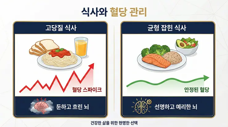 식단에 따른 혈당 변동과 집중력 저하의 상관관계를 보여주는 인포그래픽 이미지
